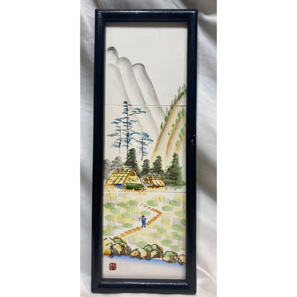 VTG WALES PORCELAIN TILES HAND PAINTED JAPANESE COUNTRY SCENE SIGNED & FRAMED - Picture 2 of 5